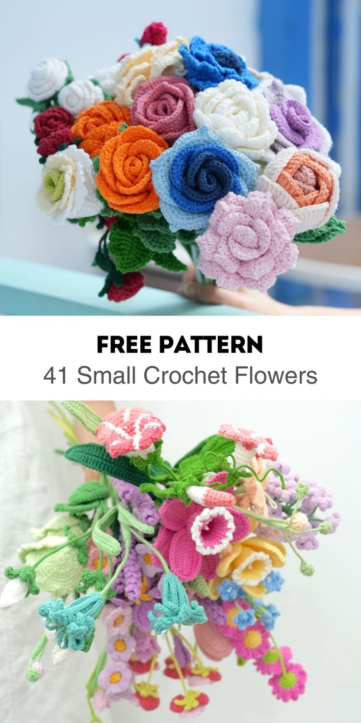 crochet flower bouquet is shown in three different colors