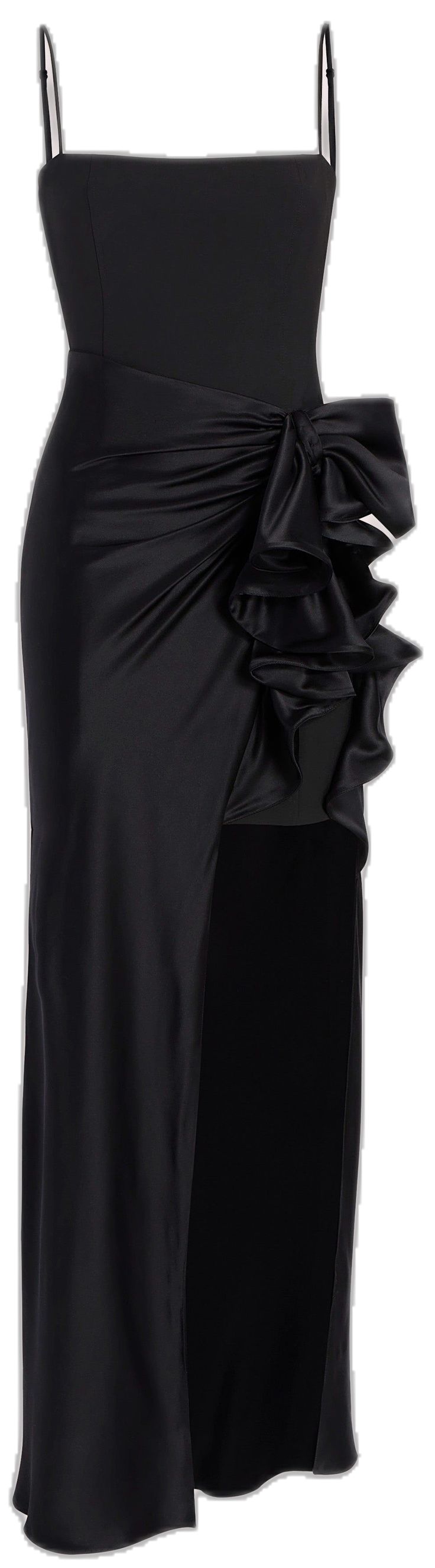 Chic Black Draped Maxi Skirt, Satin Finish Maxi Dress For Dinner, Chic Satin Finish Floor-length Maxi Dress, Chic Draped Evening Maxi Skirt, Satin Maxi Dress With Side Slits For Evening, Elegant Draped Evening Maxi Skirt, Chic Draped Maxi Skirt, Chic Satin Finish Maxi Dress For Night Out, Elegant Draped Maxi Skirt For Evening