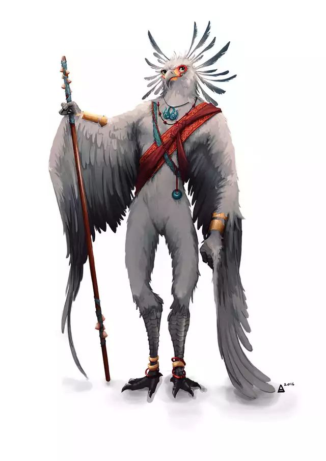 an animal with wings holding a spear and wearing a red scarf on its head, standing in front of a white background