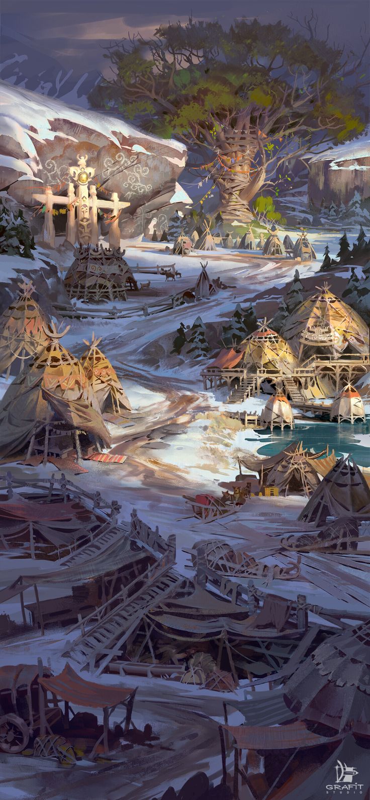 an artist's rendering of a village in the middle of a snow covered field