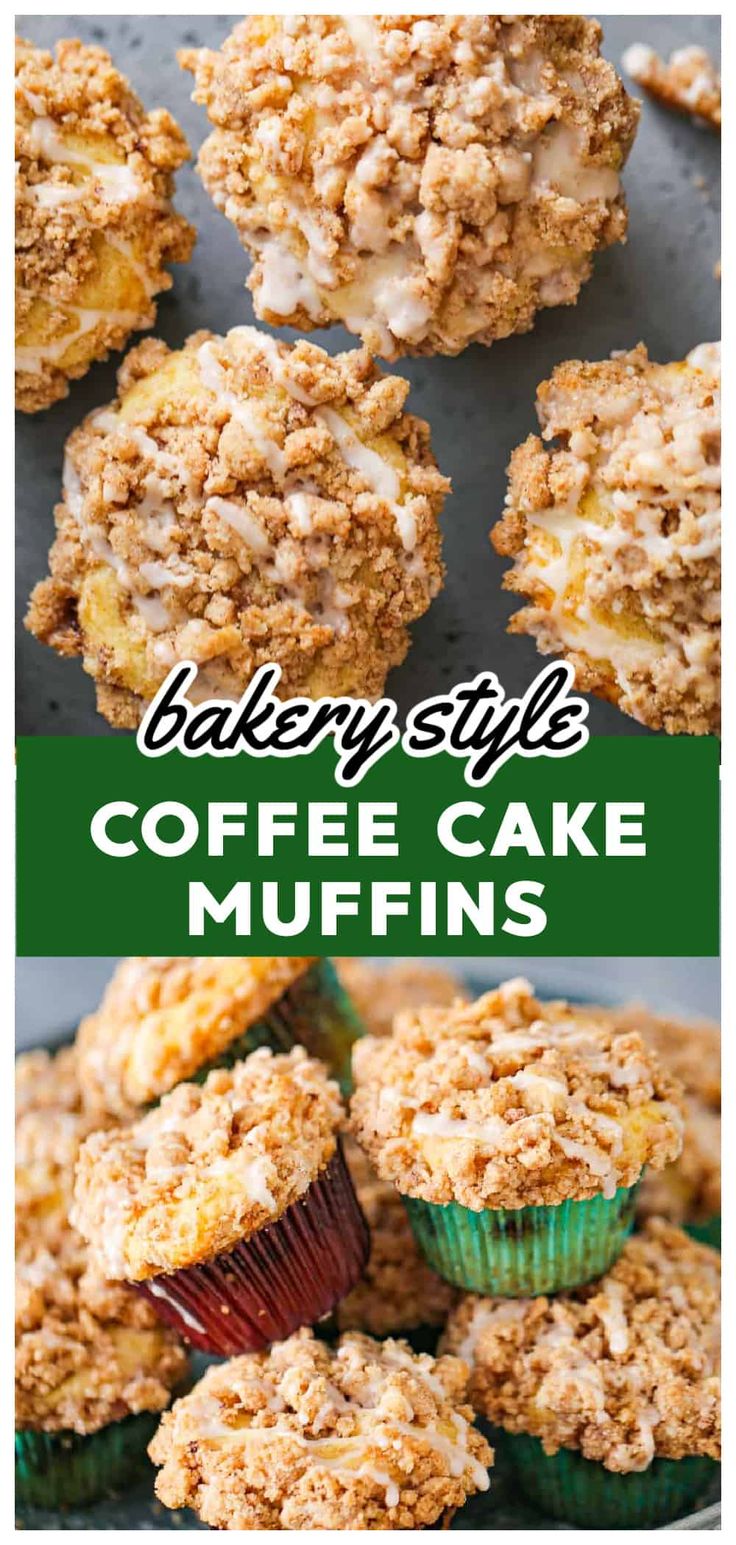 coffee cake muffins with white frosting and crumb topping on the top