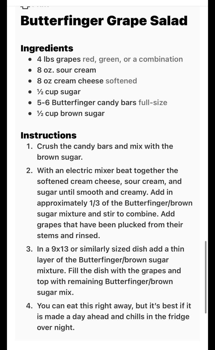 the ingredients for butterfingerer grape salad are shown in black and white, with text on