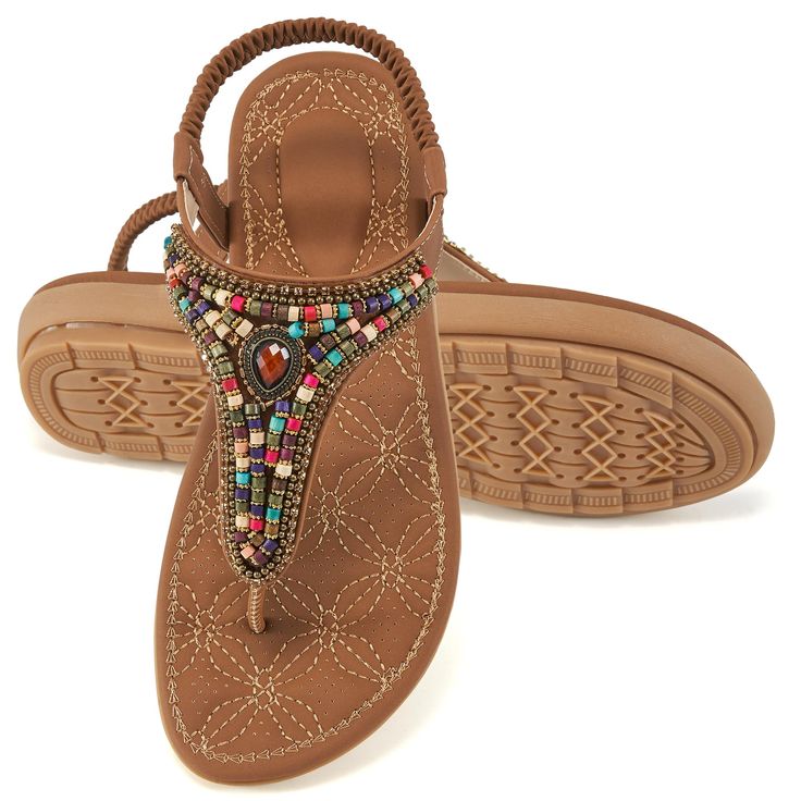 PRICES MAY VARY. [Bohemian Style]- Open toe flat sandals with colorful beads and rhinestones decorated on the upper, which has bohemian style and is a good choice for women's casual summer sandals. [All Day Comfort]- Boho sandals come with soft lining and ventilation holes to keep your feet fresh, soft lining reduces walking cushioning and brings all day comfort to your daily work and leisure activities. [Easy On/Off]- Elastic ankle straps adjust the elasticity to fit any foot shape, providing a Bohemian Flat, Casual Summer Sandals, Dressy Flats, Shoe Ideas, Boho Sandals, Beaded Flats, Beaded Sandals, Leisure Activities, Summer Sandals