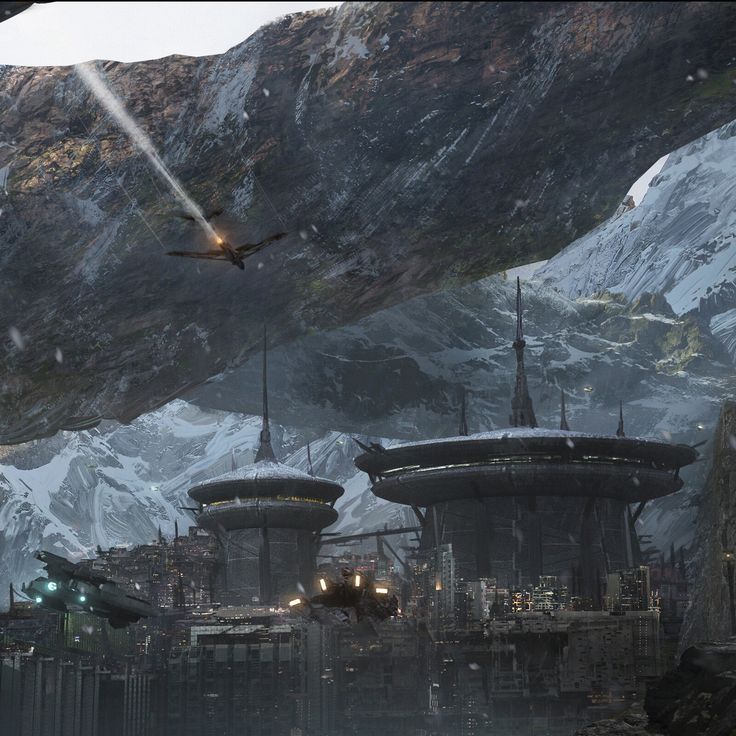 a sci - fi city surrounded by mountains and snow capped mountains, with an airplane flying over it