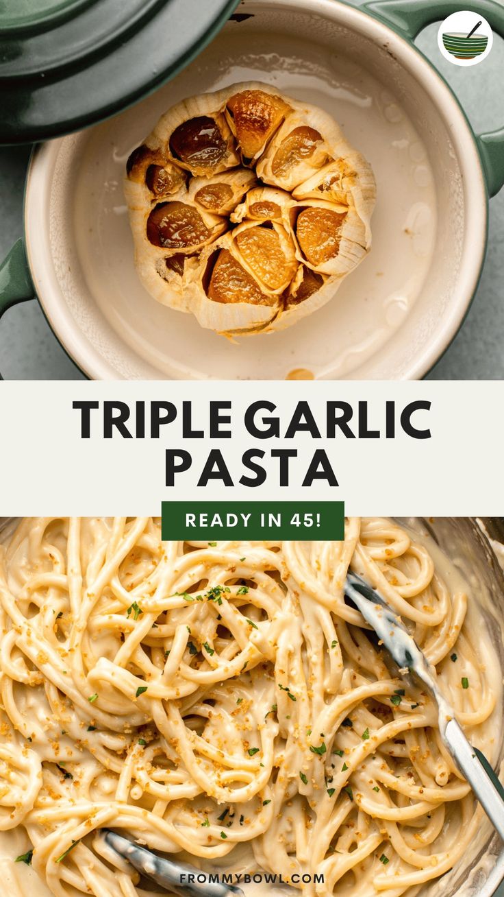 a bowl filled with pasta next to a pot full of sauce and the words triple garlic pasta