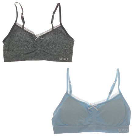 XOXO's girl's training bras are made lightly lined with removable cups for comfort and coverage. This two pack has traditional adjustable straps and goes over the head, so your young lady can practice wearing that extra layer before graduating to a more complicated closure. With a delicate bow for added detail, these training bras are smooth and soft with no uncomfortable underwire. Size: X-Large 36A.  Color: Blue.  Gender: female.  Age Group: adult. Practice Wear, Basic Outfits, Blue Gender, Pale Blue, Gender Female, 2 Pack, Blue Grey, Age Group, Adjustable Straps