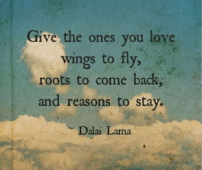 a quote that reads give the ones you love wings to fly roots to come back and reason to stay