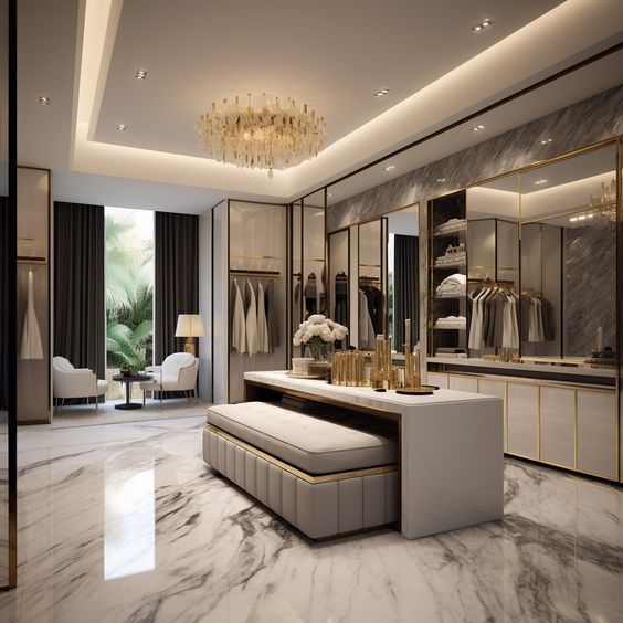 an elegant dressing room with marble flooring and chandelier hanging from the ceiling