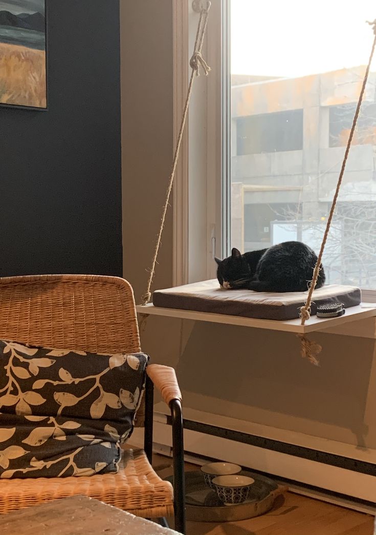 a black cat laying on top of a window sill next to a chair and table