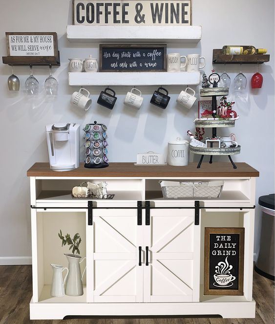 a coffee and wine bar with white cabinets