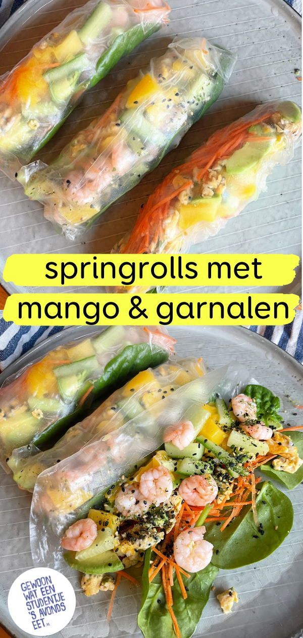 spring rolls with mango and garnishes on a plate