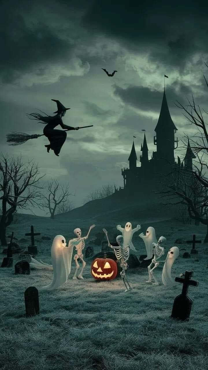 halloween scene with ghostes and pumpkins in front of a creepy castle at night