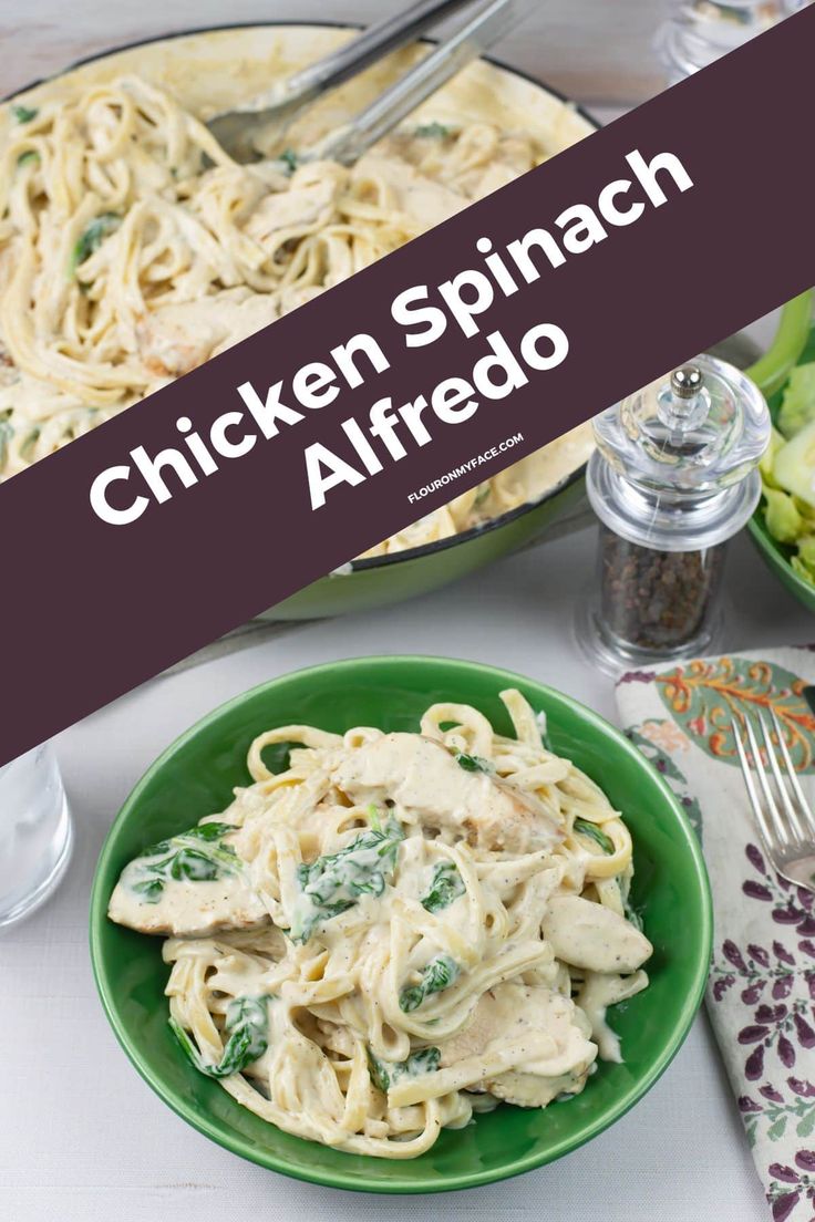 chicken spinach alfredo on a green plate next to a bowl of pasta and salad