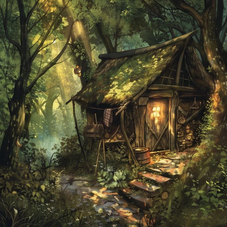 a painting of a cabin in the woods with stairs leading up to it's entrance