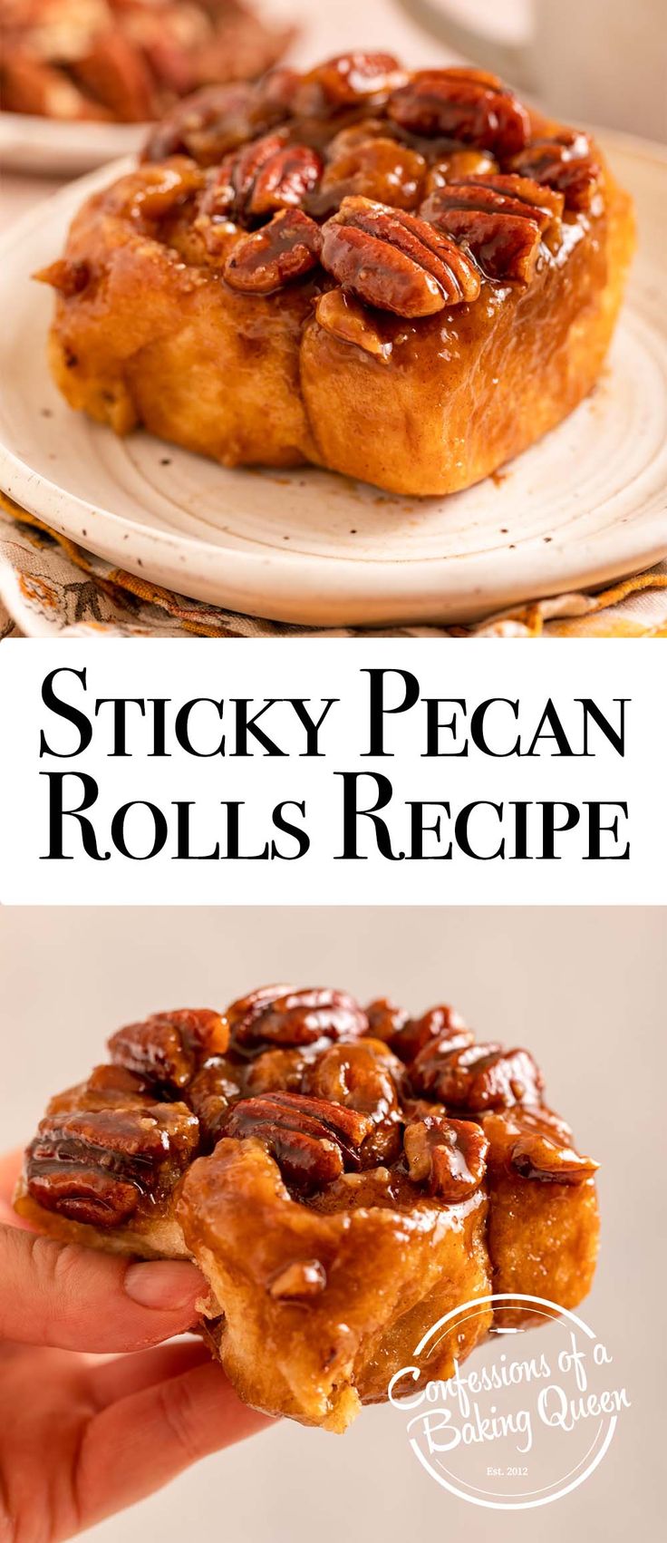 sticky pecan rolls recipe on a white plate