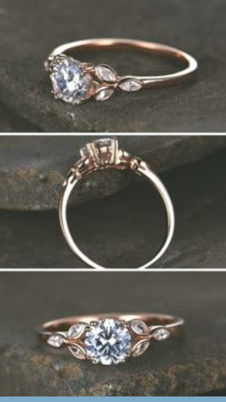 three different views of an engagement ring with diamonds on the side and in the middle