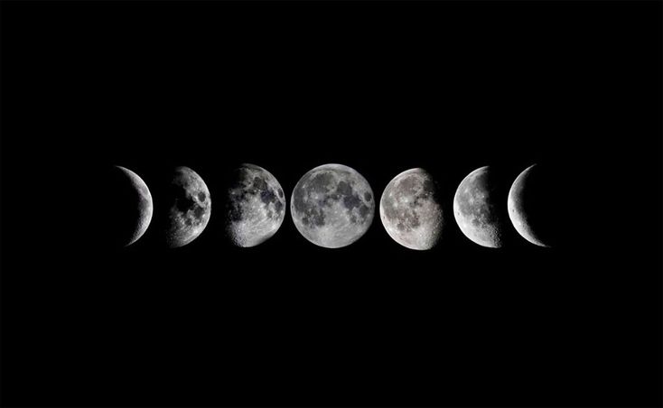 five phases of the moon are shown in black and white, with one half lit up