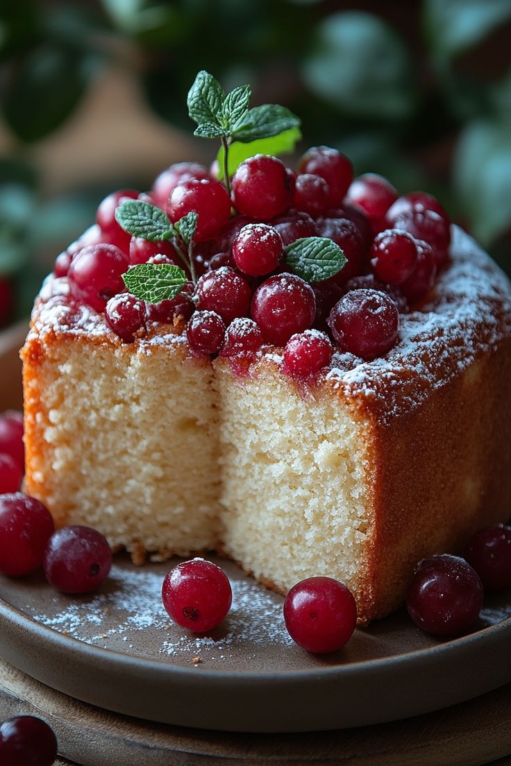 a piece of cake on a plate with berries