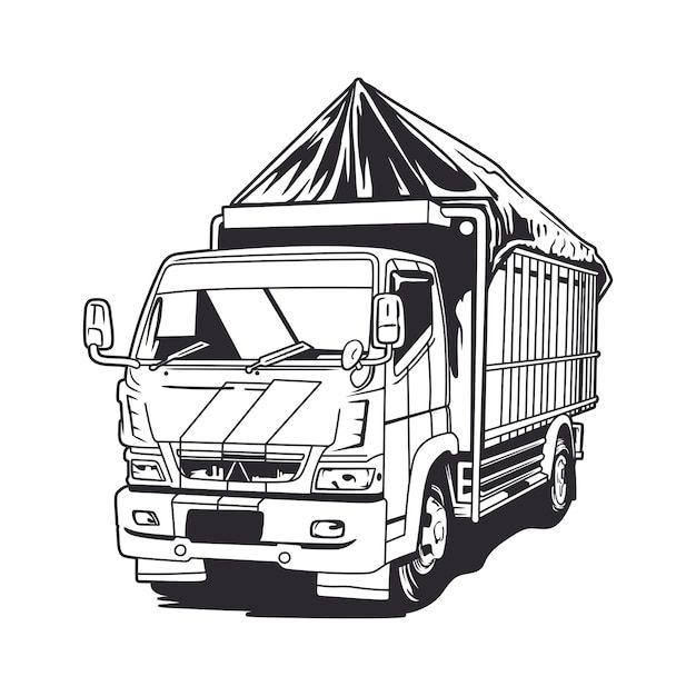 a black and white drawing of a truck with a tarp on it's back