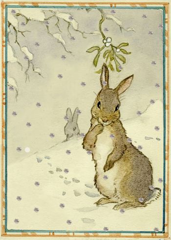 a painting of a rabbit sitting in the snow with two rabbits behind it and one bunny looking up