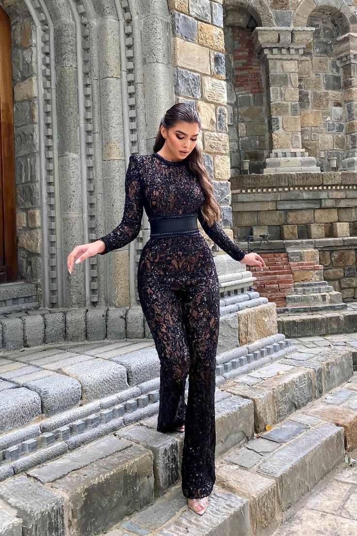 Bella Black Jumpsuit Nadine Merabi, Black Lace Jumpsuit, Leather Corset Belt, Jumpsuit Elegant, Lace Jumpsuit, Corset Belt, Stylish Party Dresses, Leather Corset, Style Looks