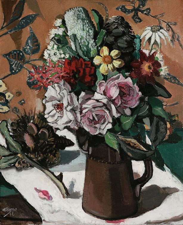 a painting of flowers in a brown vase on a white table cloth next to an orange wall