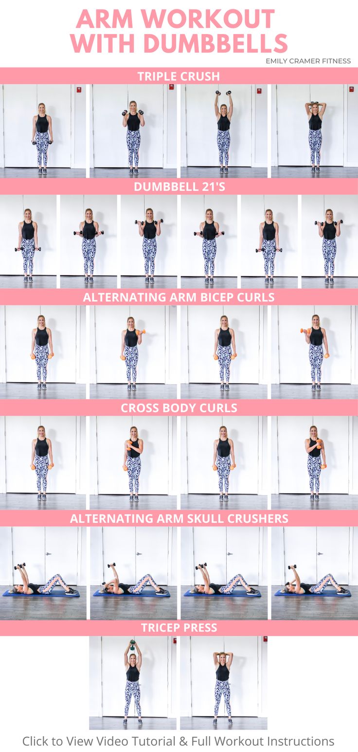 the arm workout with dumbbells is shown in several different positions, including an overhead view