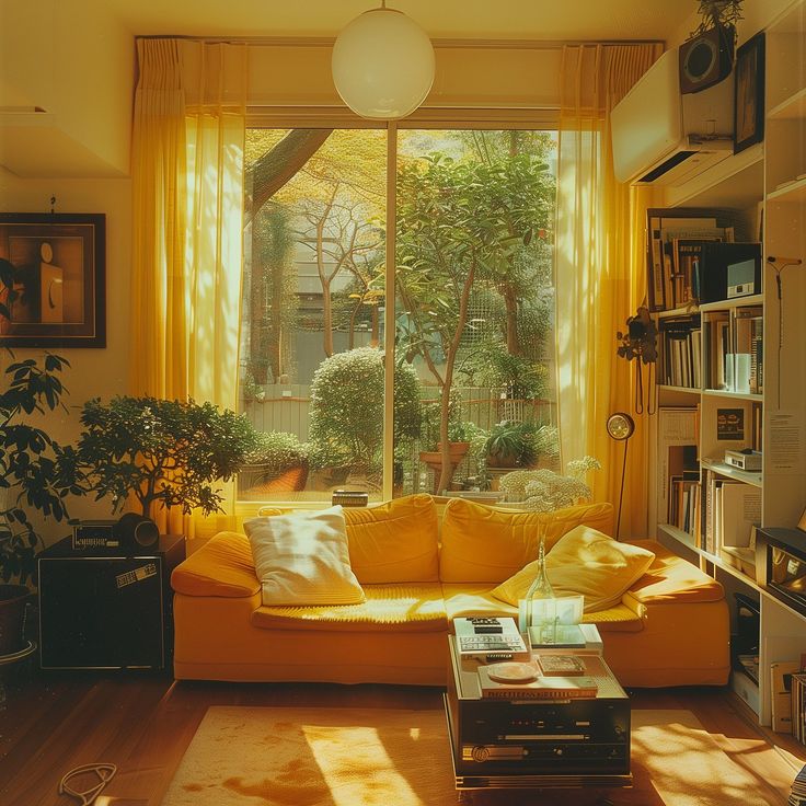 a living room filled with furniture and a large window covered in yellow draping