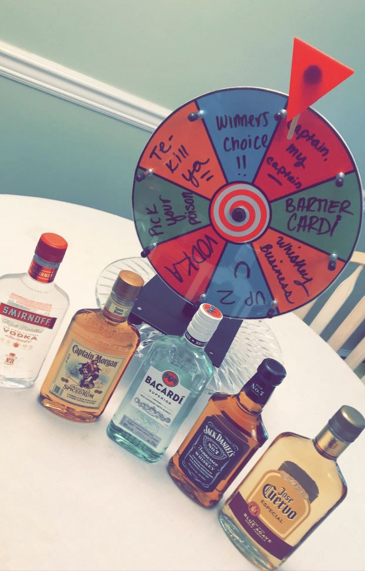 a table topped with bottles of alcohol and a spinning wheel on top of the table