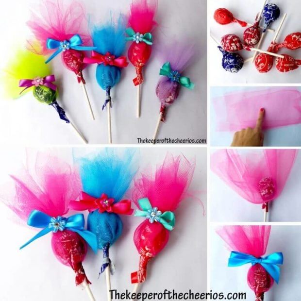 four pictures of candy lollipops with bows on them