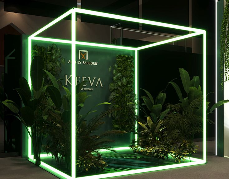 an illuminated display case with plants in the middle and green lighting around it at night