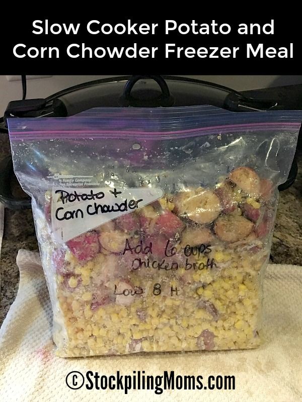 a bag of corn chowder freezer meal next to an oven mitt with the words slow cooker potato and corn chow