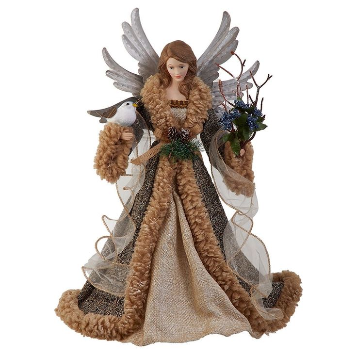 a figurine of an angel holding flowers and a bird on her arm with wings