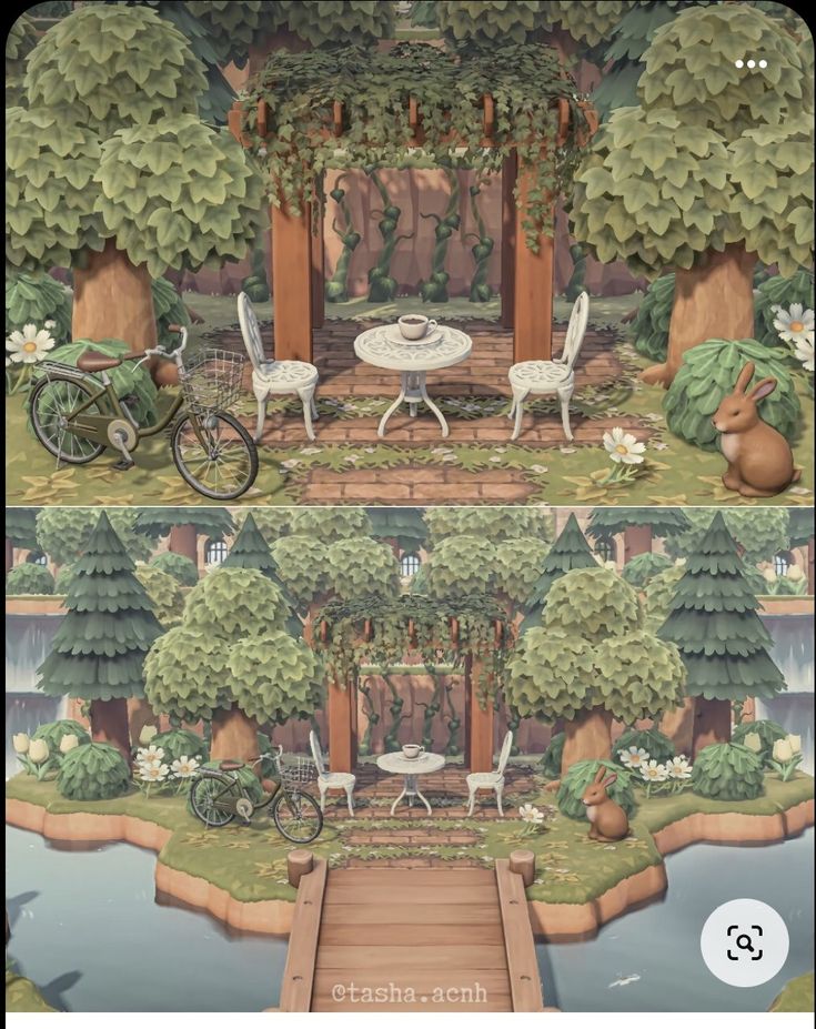 two pictures of the same scene in different scenes, one with a table and chairs