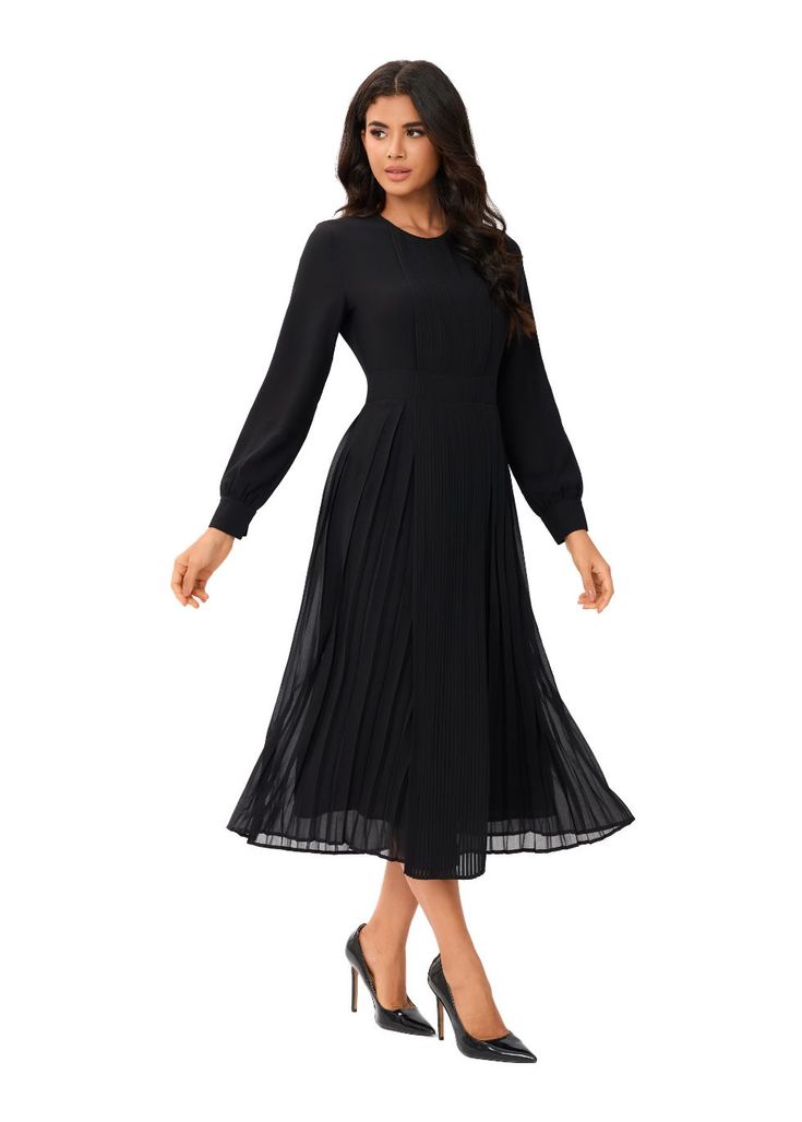 Unleash your inner fashionista with the "Ethereal Noir Midi Dress." Crafted with a flat front pleated design, this dress presents a unique blend of comfort and high-end fashion. Its full lining, excluding the sleeves, enhances its luxurious feel. Measuring 49.5 inches from the high point of the shoulder, it showcases detailed cuffs that add a chic touch to the classic noir. For an ideal fit, please refer to our body measurements guide. To maintain its premium quality, hand wash, line dry, cool i Chic Black Midi Dress With Pleated Sleeves, Chic Black Midi Dress 3/4 Length, Luxury Black Long Sleeve Midi Dress, Black Midi Dress With 3/4 Sleeve, Luxury Black Midi Dress With 3/4 Sleeves, High Point, Dress Crafts, High End Fashion, Black Midi Dress