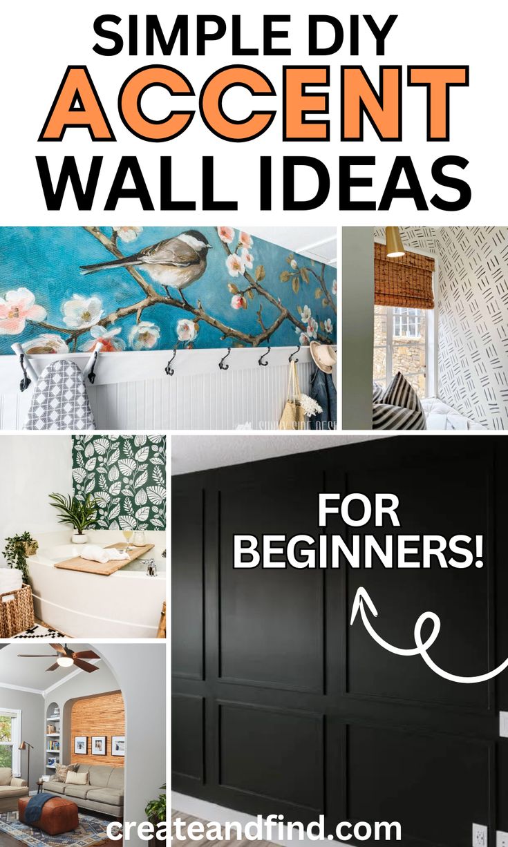 Collage of DIY accent wall treatments. Accent Wall Craftroom, Accent Wall Designs Paint Easy, Diy Wooden Accent Wall, Easy Wall Accent Ideas, Accent Wall Next To Kitchen Cabinets, Diy Living Room Accent Wall, How To Make A Plain Wall Interesting, Diy Wood Slat Accent Wall Bedroom, Simple Feature Wall Ideas