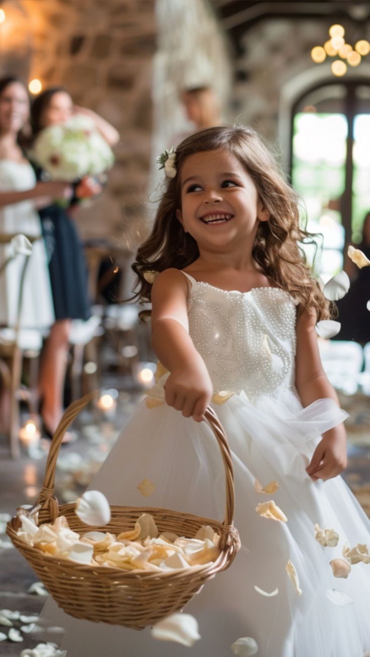 a flower girl parade in a wedding venue carrying basket of flower petals Flower Girl Proposal Simple, Flower Girl And Ring Bearer Ideas, Flower Girl Ideas To Carry, Ring Carrier Ideas, Ring Boy Wedding, Ring Bearer Girl, Wedding Maternity Dress, Flower Girl Proposal Ideas, Caramel Wedding