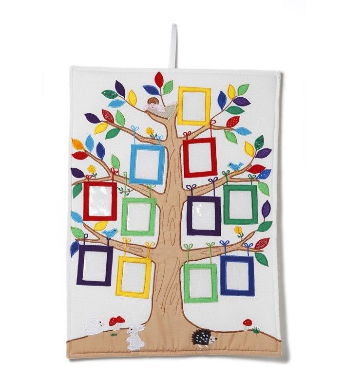 a family tree hanging on the wall with colorful squares and leaves painted on it's sides