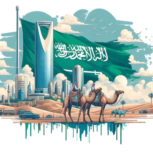 two camels are standing in front of a large green flag with the word saudi on it