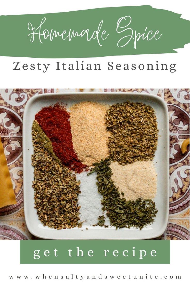 a plate with spices on it and the words homemade spice zesty italian seasoning