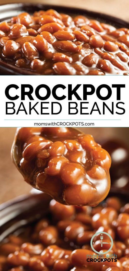 a spoon full of baked beans on top of a wooden table with the words crockpot baked beans above it