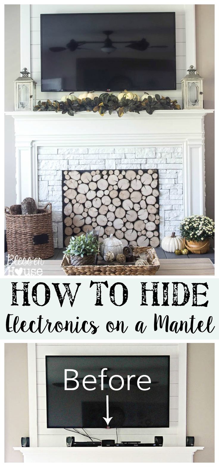 how to hide electronics on a mantle before and after