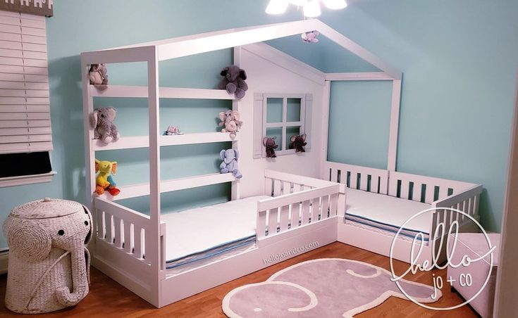 a child's bedroom with blue walls and white bunk beds, teddy bears on the floor