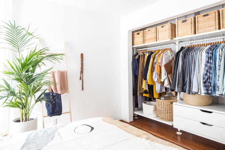 an organized closet with clothes hanging on the shelves and baskets next to it, along with a potted plant