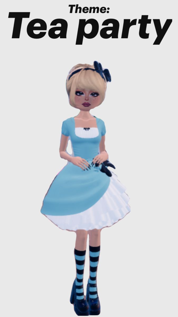 a cartoon girl in a blue dress and striped socks holding a black bag with the words tea party on it