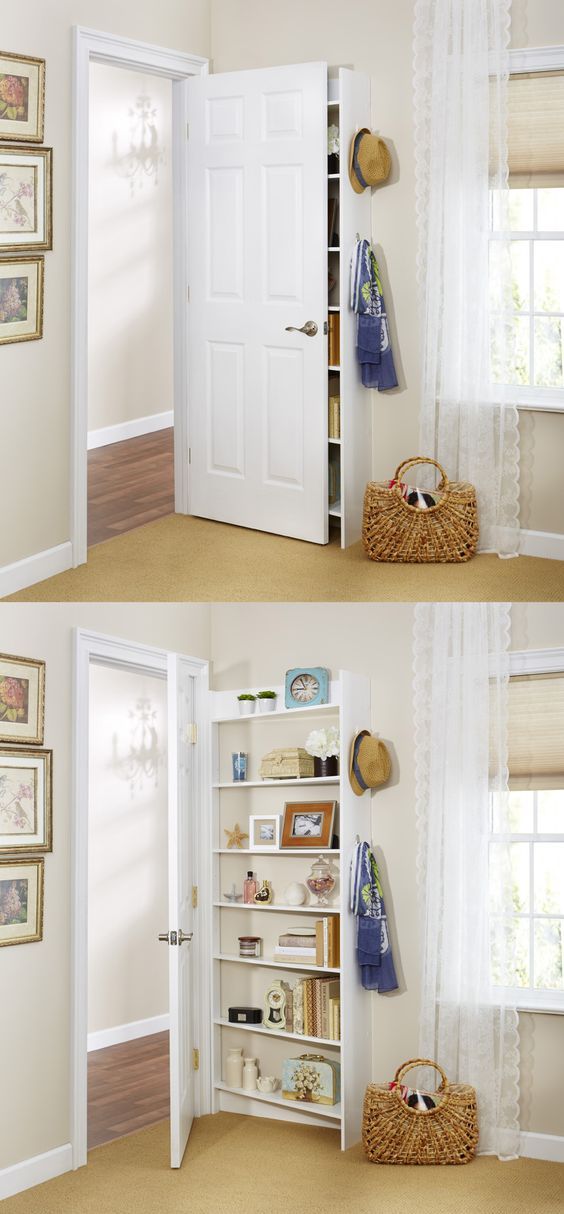 two pictures of the inside of a door with shelves and baskets in front of it