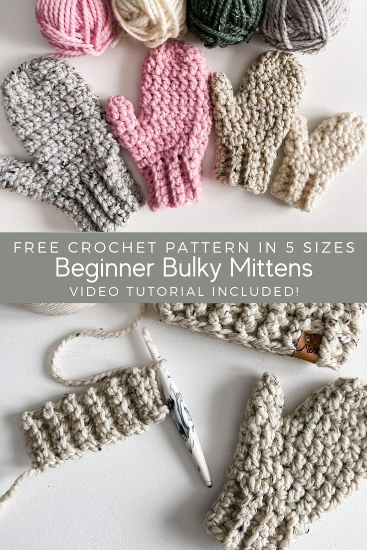 crochet pattern in sizes beginner bulky mittens with video instructions on the side