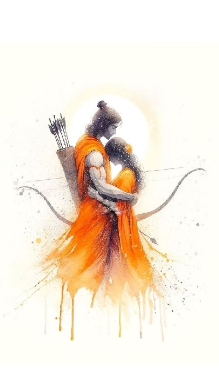 an artistic painting of two people hugging each other