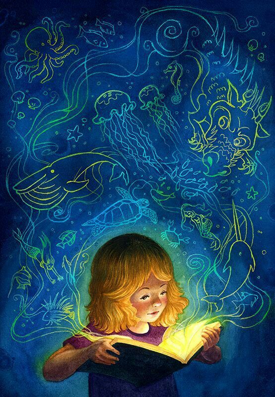 a painting of a girl reading a book in front of a blue background with swirls