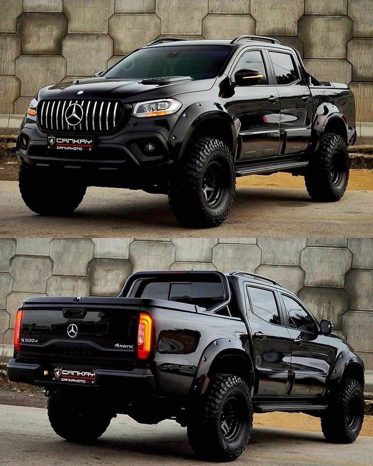 two pictures of a black truck parked next to each other